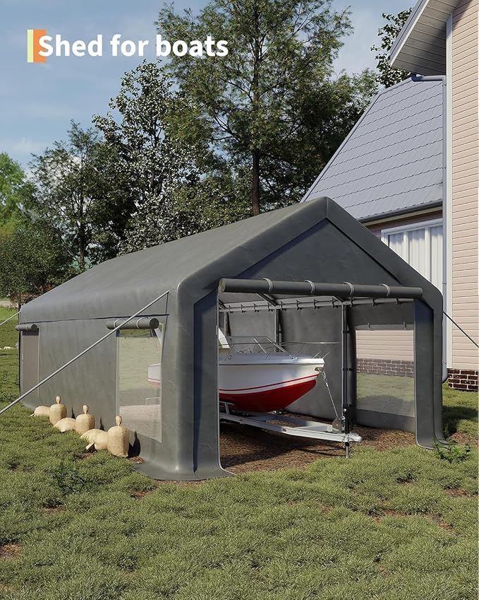 13 x 25FT Heavy Duty Carport with Roll-Up Windows, Portable Garage with Removable Sidewalls & Doors, Portable Car Tent Garage with Roll-Up Windows and All-Season Tarp, for Car, Truck,