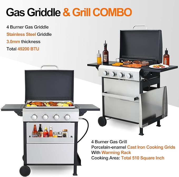 4-Burner Flat Top Propane Gas Grill Stainless Steel Griddle Combo with Foldable Side Table, 49,200 BTU Outdoor BBQ Grill, Porcelain-Enameled Cast Iron Grids, for Backyard, Patio Cooking