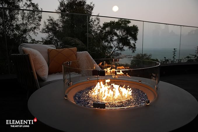 Elementi+ | Colosseo Gas Fire Pit Cast Concrete 40" Dia. Round Fire Table, Outdoor Fire Pit Electronic Ignition | Canvas Cover, Fire Glass and Burner Lid Included | Light Gray | Natural Gas