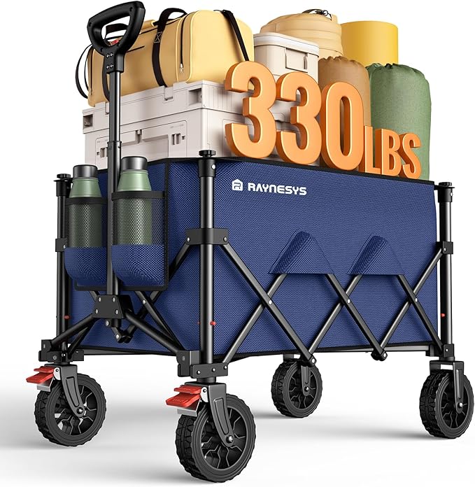 Wagons Carts Foldable, Collapsible Foldable Wagon 330lbs Capacity, 180L Large Capacity Foldable Wagon with All-Terrain Wheels,Heavy Duty Utility Wagon Cart with Brakes for Beach Camping Shopping, Blue