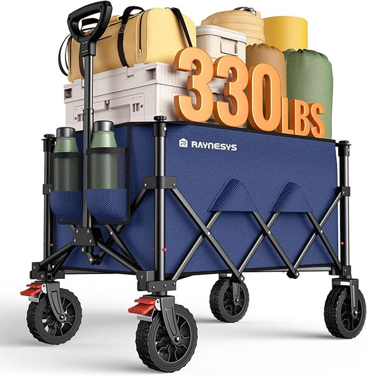 Wagons Carts Foldable, Collapsible Foldable Wagon 330lbs Capacity, 180L Large Capacity Foldable Wagon with All-Terrain Wheels,Heavy Duty Utility Wagon Cart with Brakes for Beach Camping Shopping, Blue