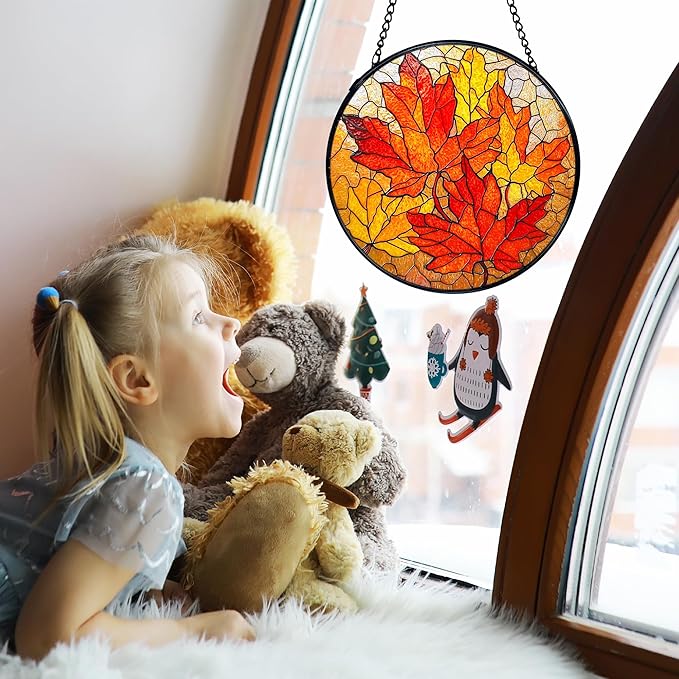 TNUW Fall Leaf Stained Glass Window Hanging, Rustic Autumn Maple Leaves Sun Catchers Indoor Window Glass Round Wall Art Decor, Fall Autumn Wall Hanging Decorations, 7.9＂x7.9＂