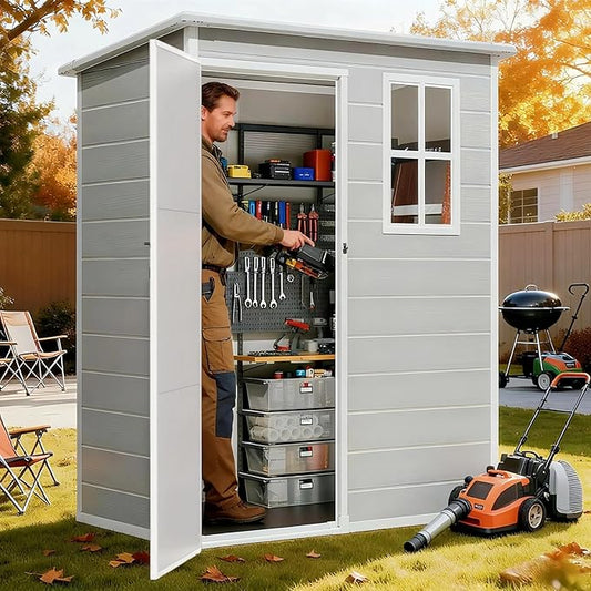 Gizoon 5x3 FT Resin Storage Shed Outdoor, Heavy-Duty Resin Shed with Floor for Patio, Lawn, Plastic Garden Sheds Weather-Resistant with Lockable Door for Patio Furniture, Garden Tools, Grey