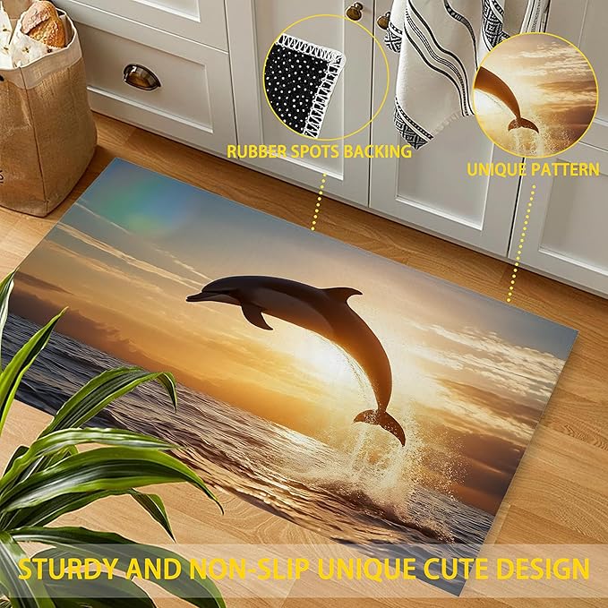 Welcome Mat Indoor,Jumping Dolphin Front Door Mat,Sea Sunset Entryway Rug for Porch Patio Non-Slip Outdoor Entry Doormat for Back Door Outside Entrance Hallways,30 x 17 Inch