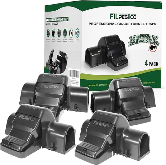 Set of 4 Professional Grade Extra Large Tunnel Rat Snap Traps, Mouse Trap, Reusable Trap, Heavy Duty for Indoor and Outdoor Pest Control Rodent Solution