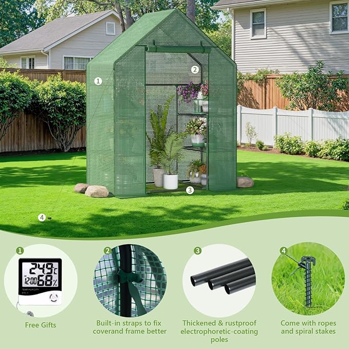Portable Greenhouse for Outdoor, Small Greenhouses with Durable PE Cover, Walk in Greenhouse with Shelves Stands,Green