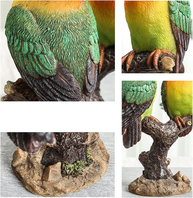 Lovebird Parrot on Stump Statue - Tree Hugger Garden Statues, Resin Parrot Figurines Lifelike Tropical Bird Sculptures for Patio Lawn Yard Home Desktop Decoration - Multicolor