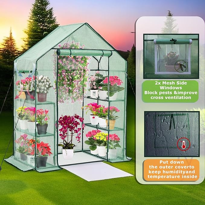 Walk-in Greenhouse for Outdoors w/ Mesh Side Windows, 3 Tiers 6 Shelves PE Cover Green House Portable Warm House for Seedling Flowers Growing 20 Pcs T-Type Plant Tags Include (GHW001G)