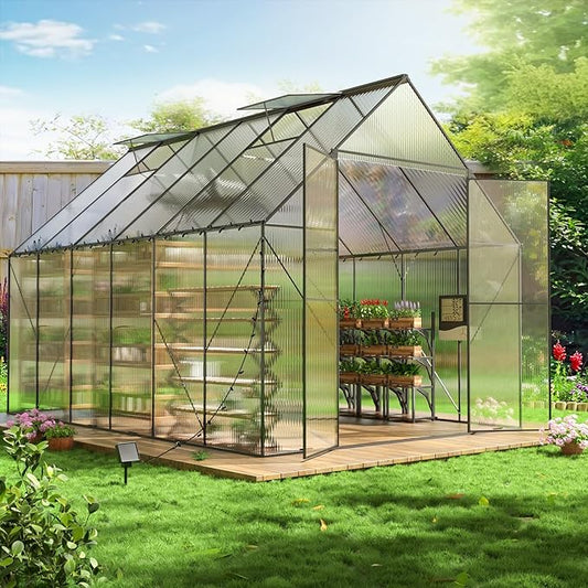 6x12 FT Greenhouses for Outdoors,Heavy Duty Polycarbonate Greenhouse,Lockable Walk-in Green House Sunroom w/ Adjustable Vent Window,Plant Grow Lights for Garden Plants Backyard Patio