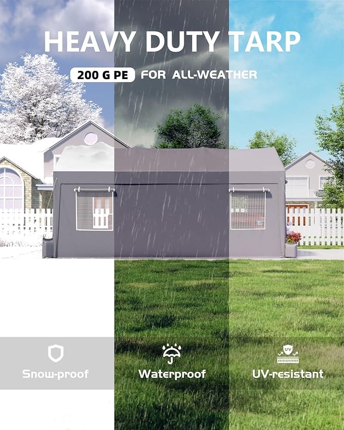 12' x 20' Ft Heavy-Duty Carport, Portable Garage, 180g PE Waterproof Canopy and 8 x 1.0 mm Poles for Full-Size Pickup Trucks, Boats, and SUVs - Gray