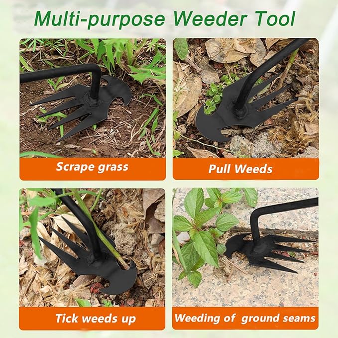 Weeding Artifact Uprooting Weeding Tool Gardening,15.7in Weed Puller Tool,4 Teethes Manganese Steel Weed Puller Garden Hand Manual Weeder Tools, Weed Picker Grass Remover Tool (Silver)