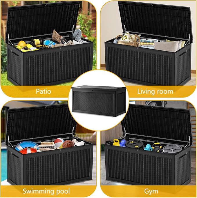 320 Gallon Deck Box, Resin Outdoor Indoor Waterproof Storage Box, Lockable Storage Box With Handle for Patio Furniture - Garden Tools - Swimming Pool Tools UV-Resistant, Black