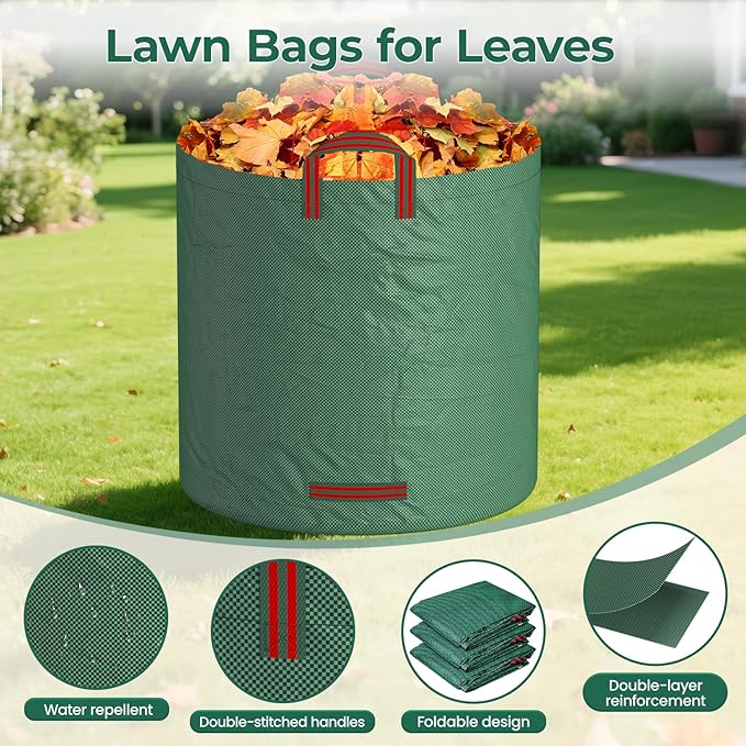 EsLuker.ly 4 Pack Garden Lawn Leaf Waste Bags, 132 Gallons Reusable Yard Litter Bag with 2 Pairs Gardening Gloves, Heavy Duty Trash Containers with Handles for Outdoor Cleanup, Ideal for Homeowners