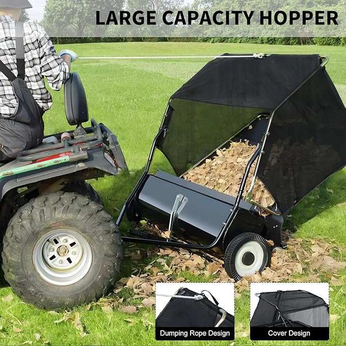 44" Tow-Behind Lawn Sweeper, 25 cu.ft Hopper Bag Capacity; Leaf & Grass Catcher, with Adjustable Sweeping Height, Dumping Rope Design for Picking Up Debris and Grass