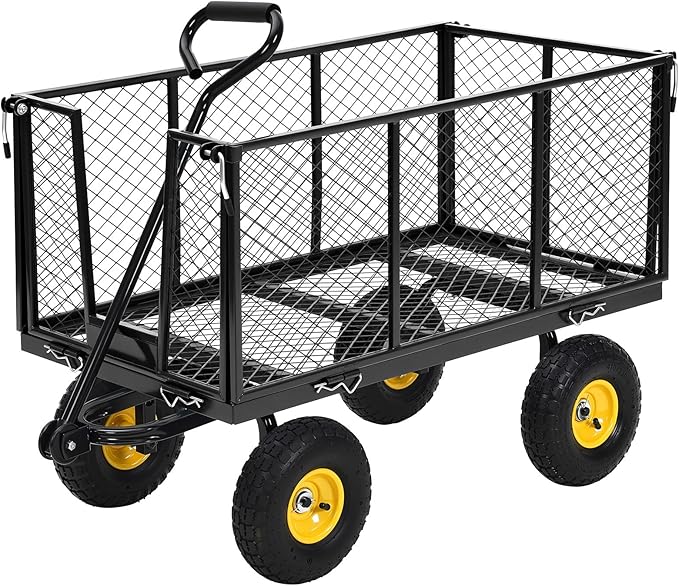 Heavy Duty Steel Garden Cart, 1100 LBS 3 in 1 Pullable Metal Garden Wagon with 10" Wheels, 180° Rotating Handle and Removable Sides for Farm, Yard