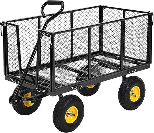 Heavy Duty Steel Garden Cart, 1100 LBS 3 in 1 Pullable Metal Garden Wagon with 10" Wheels, 180° Rotating Handle and Removable Sides for Farm, Yard