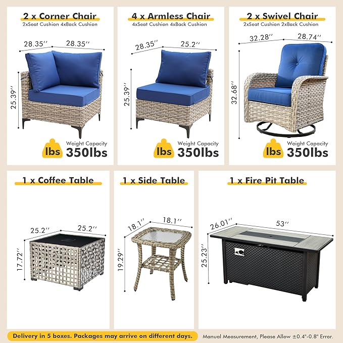 Outdoor Sectional Patio Furniture Set with Fire Pit Table and Swivel Rocking Chairs,11 Pieces Wicker Conversation Sets L Shaped Couch Out Door Sofa Outside Furniture for Garden Deck Yard,Navy Blue