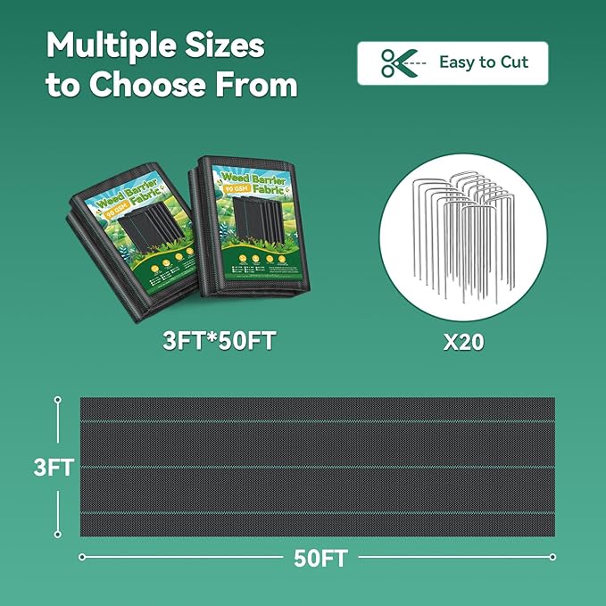 3ftx100ft Landscape Fabric, Weed Barrier Fabric Heavy Duty 3.2oz, Woven Geotextile Weed Blocker Landscaping Fabric, Garden Ground Cover Weed Control Mat with 20 Staples (2 Pack 3x50ft)