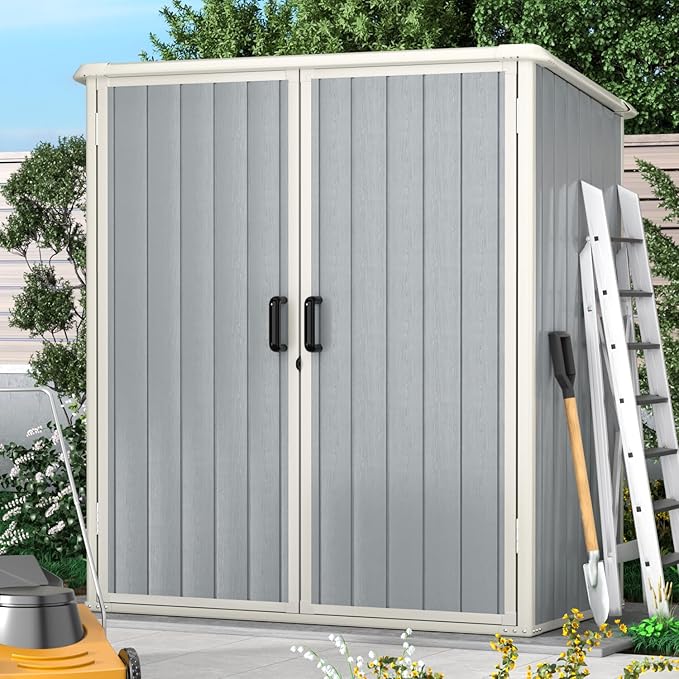 Aoxun Outdoor Storage Shed 5 x 3FT, Resin Shed with Floor and Lockable Door, Plastic Sheds for Garbage Can, Tool, Accessories, Lawn, Garden - Grey