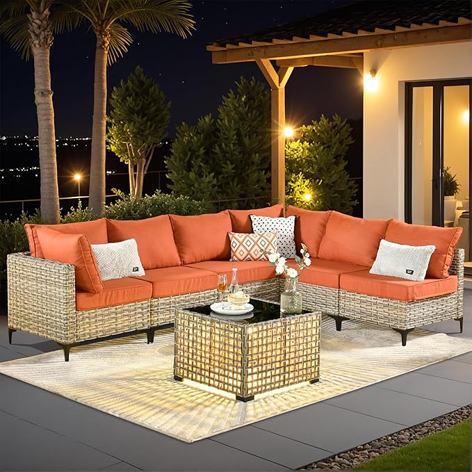 Outdoor Sectional Patio Furniture Set with Glowing Table,7 Pieces Wicker Conversation Sets L Shaped Couch Out Door Sofa Set Outside Furniture for Garden Deck Yard Porch,Red