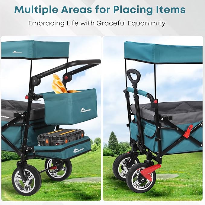Collapsible Wagon with Canopy,330lbs Cart, Collapsible Foldable Garden Cart- with Adjustable Push Pulling Handles Outdoor Utility Wagon for Beach Garden Camping, Blue