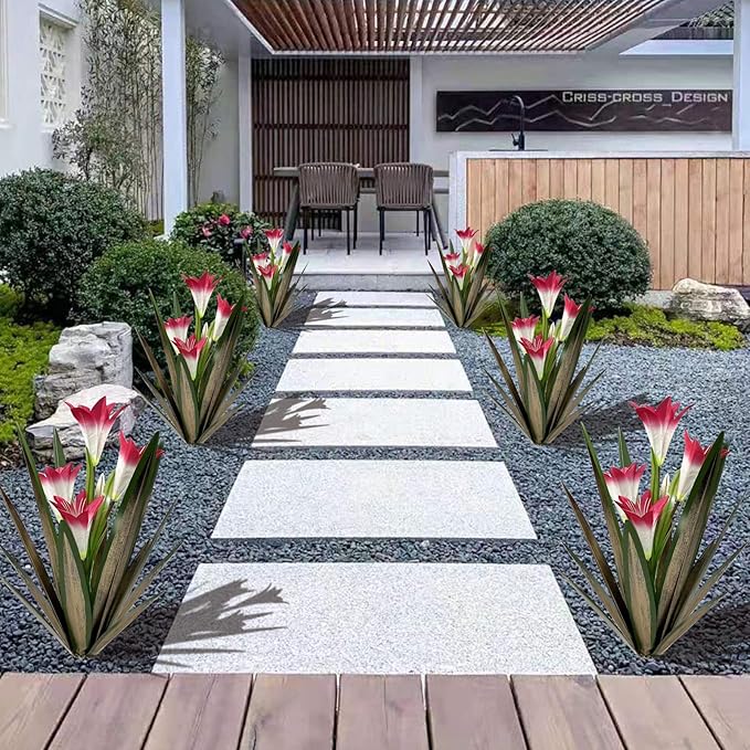 Homight Metal Agave Plant Outdoor Decoration Outdoor Garden Decoration Lily Mexican Yard Art Plant Garden Agave Lily Decorative Garden Gift (3 Big Red Lilies), HM-390-345