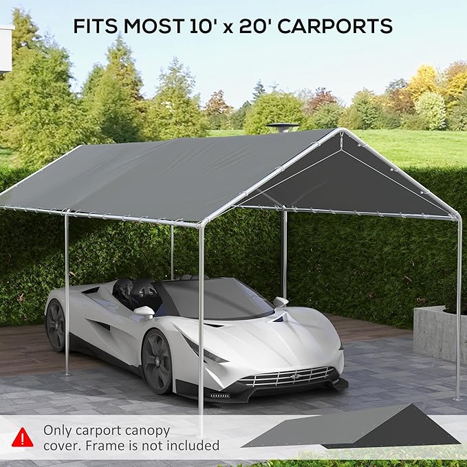 Outsunny 10' x 20' Carport Replacement Top Canopy Cover, UV Resistant and Water Resistant Car Port Portable Garage Tent Cover with Ball Bungee Cords, Dark Gray, Only Cover