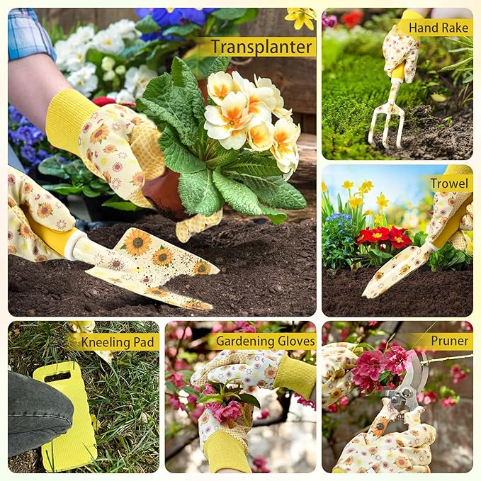 Gardening Gifts for Women, Gardening Tools for Women, 9 PCS Sunflower Garden Tools Set Kit with Garden Tool Bag, for Gardener Mom Grandma Aunt, Yellow