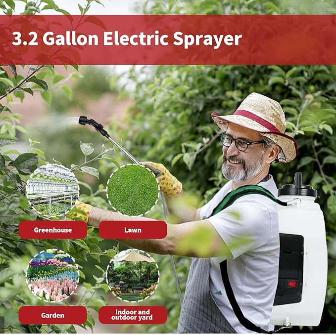 Battery Powered Backpack Sprayer, 3.2 Gallon Electric Garden Pump Sprayer with Lithium Battery, Lawn Sprayer with 6 Nozzles and 3 Wands High-Pressure Spray Hose for Weeding Spraying Cleaning