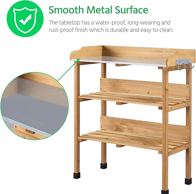 Yaheetech Outdoor Garden Potting Bench Table Wooden Horticulture Planting Worstation w/Metal Tabletop/Storage Shelf/3 Hooks, Natural Wood