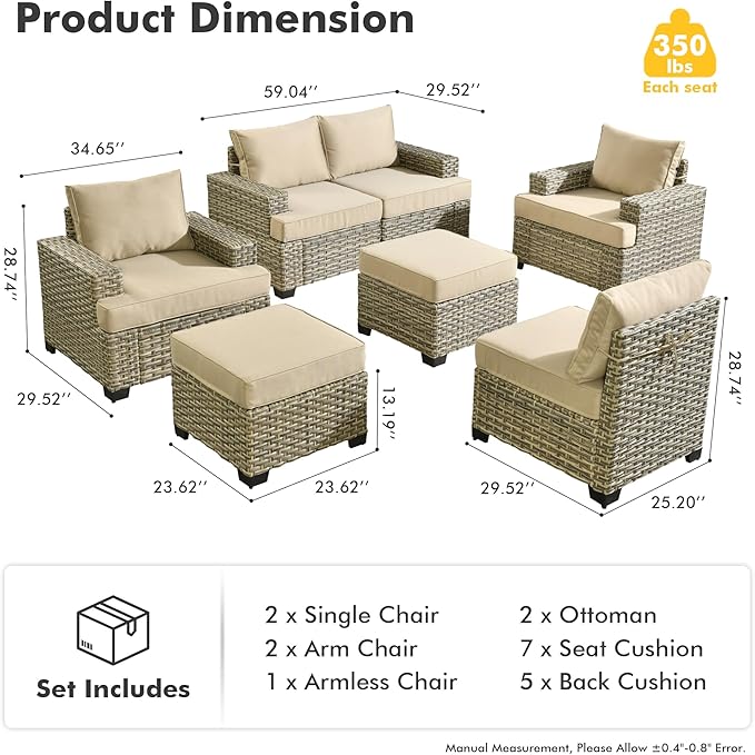 HOOOWOOO Outdoor Sectional Patio Furniture Set,7 Pieces Wicker Conversation Sets,Extra Deep Out Door Sofa Outside Furniture Couch with Ottoman,Beige