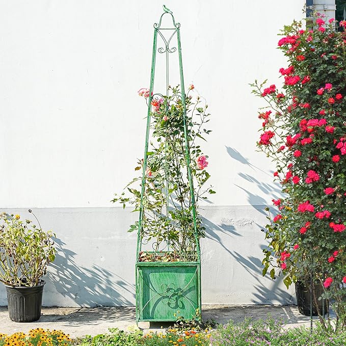 Sungmor Garden Obelisk Trellis with Planter Box - 5ft Metal Climbing Plant Support Tower with Bird Finial - Decorative Outdoor Wrought Iron Trellis for Roses, Clematis, Vines, Ivy - Distressed Green