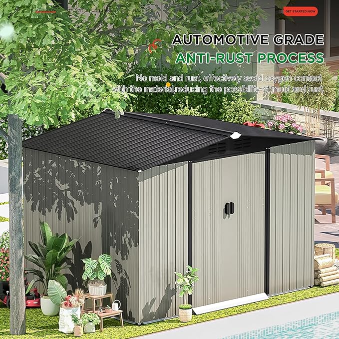 AECOJOY 8 x 6 Ft Shed, Outdoor Storage Tool Shed (Sliding Door), Metal Garden Shed for Yard, Outdoor Storage Clearance in Grey