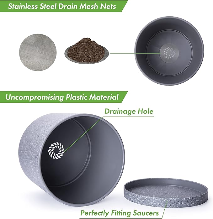 D'vine Dev 10 Inch Plastic Planter Pots for Plant Pot with Drainage Hole and Seamless Saucers, Speckled Gray Color, 74-X-G-2