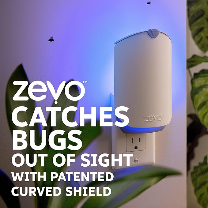 Zevo 2 Flying Insect Traps & 4 Refill Cartridges - Plug in Fly Trap & Indoor Bug Catcher for Gnats, House & Fruit Flies - Blue & UV Light Technology, Mess-Free Alternative to Bug Zapper