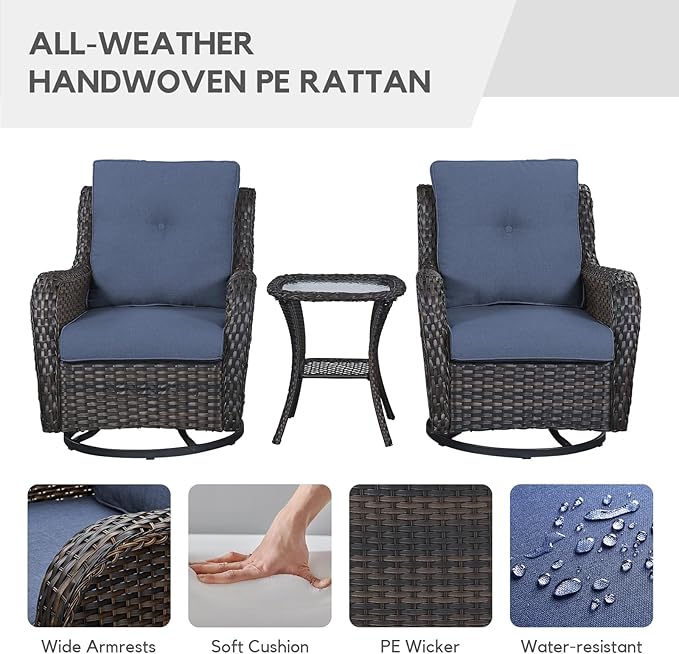 4 Pieces Patio Furniture Set with Fire Pit 50,000 BTU,Outdoor Swivel Rocker Chairs Set of 2 with PE Rattan Side Table,Wicker Outdoor Conversation Set with Rocking Chairs