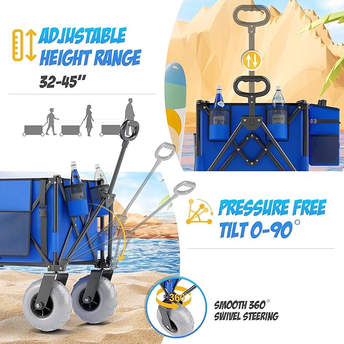 Beach Wagon with Big Wheels for Sand, 450lbs Heavy Duty Folding Wagon, Oversized 200L, 9" PVC All-Terrain Wheels, Adjustable Handle, Cooler & Storage Bags for Beach, Camping, Garden & Outdoor Sports