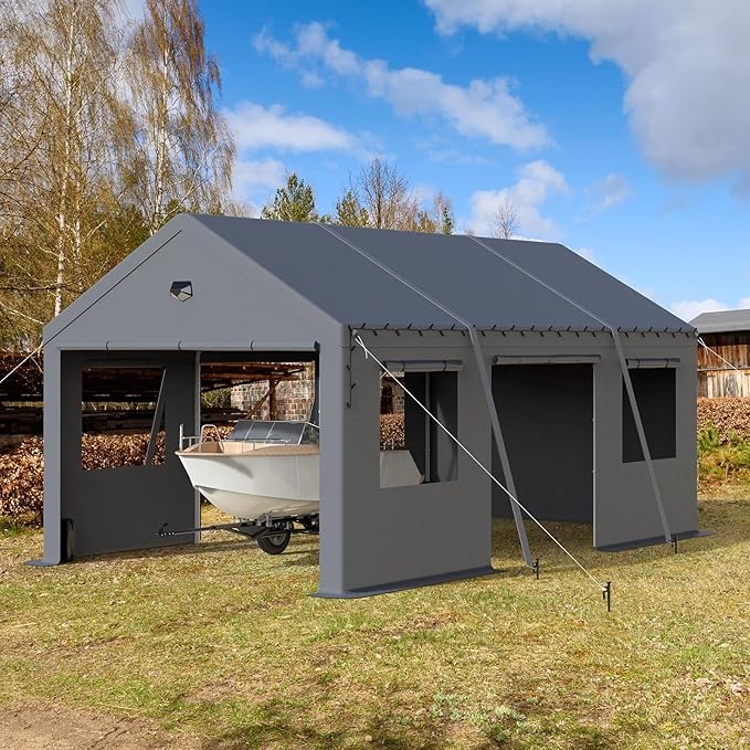 12x20 Carport, Heavy Duty Carport Canopy Garage with Removable Sidewalls and Drive Through Roll Up Zipper Doors & Side Doors, Grey