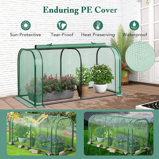 Mini Greenhouse, 47" x 22" x 24" Portable Greenhouse with Roll-Up Door, Ground Stakes, Metal Frame, Waterproof & Sun-Protective PE Cover, Small Green House for Outdoors & Indoors (Green)
