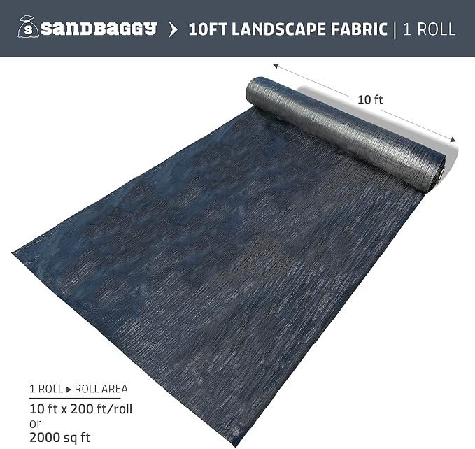 Sandbaggy 10 ft x 200 ft Landscape Fabric | 40 Year Fabric | for Weed Barrier, Ground Cover, Garden | Industrial Grade | 135 Lbs of Tensile | UV Protected | DOT Approved (1 Roll - 10 ft x 200 ft)
