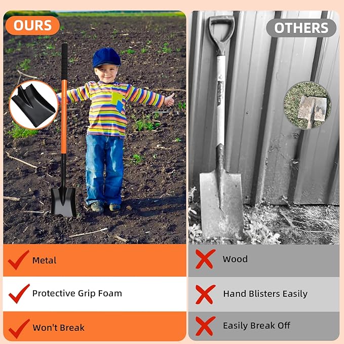 Small Square Shovel 43.3Inches Heavy Duty Garden Tools with Metal Handle, Small Transfer Spade for Digging Camping Car Beach Shovel, Orange