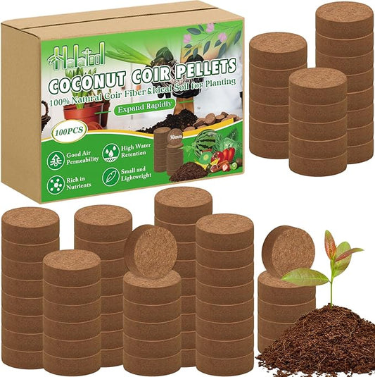 Halatool 100pcs 30mm Organic Coconut Coir Pellets Soil for Seed Starter, Compressed Coco Coir Potting Soil for Growing Vegetables, Fruits, Flowers