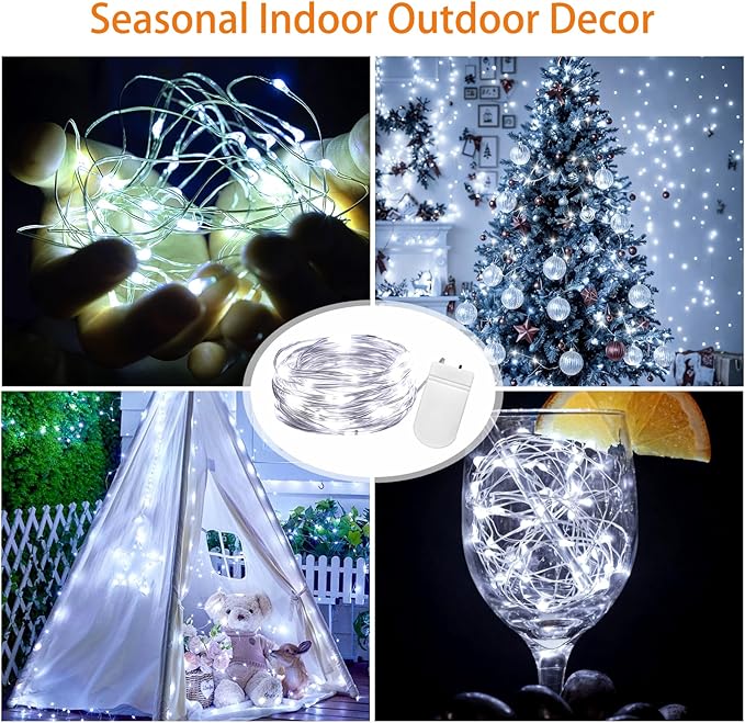 VOOKRY 8 Pack 30 LED Fairy Lights Battery Operated String Lights - 10 ft Mini Silver Wire Firefly Starry Moon Lights for DIY Crafts Wedding Party Table Centerpieces Bedroom Christmas(Cool White)