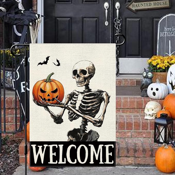 DLZDN Welcome Halloween Skeleton Garden Flag Funny Horror Skull Pumpkins Flag 12×18 Inch Double Side Vertical Burlap Farmhouse Yard Sign Holiday Seasonal Outdoor House Decoration