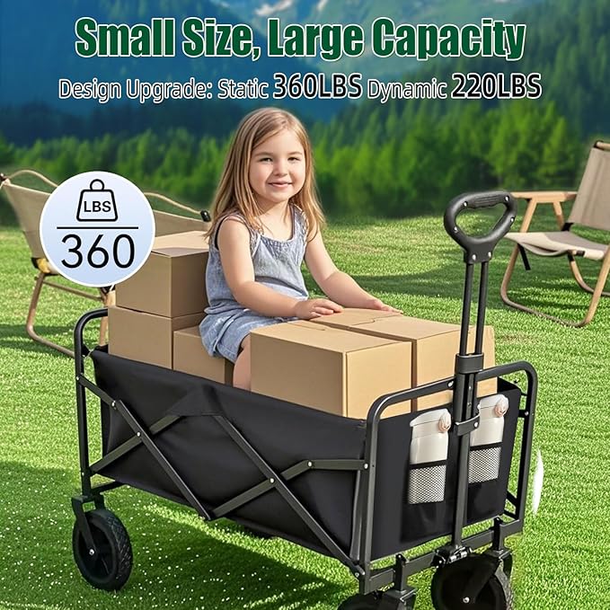Collapsible Wagon Cart Foldable 360lbs Capacity, Lightweight Portable Beach Wagon, Shopping Carts with Wheels for Grocery, Camping, Shopping, Beach, Fishing, Garden Cart
