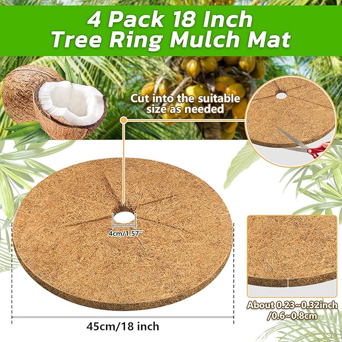 Legigo 4pcs Coconut Fiber Mulch Ring Tree Plant Protector Mat, 18 Inch Natural Coco Coir Tree Protection Ring Plant Pot Soil Cover, Tree Rings Disc Plant Cover for Indoor Outdoor Plants,Landscaping