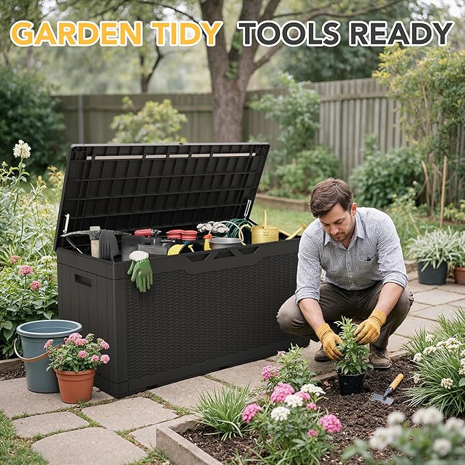 Greesum 100 Gallon Resin Deck Box Lockable Large Outdoor Storage Boxes for Garden Tools, Patio Furniture Cushions, Pool Supplies, Black