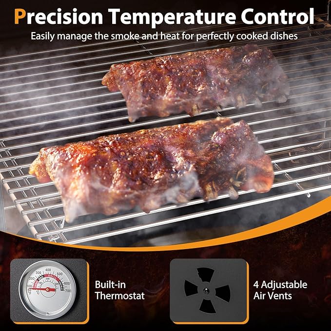 Charcoal Smoker Outdoor, Vertical BBQ Smoker with Thermostat, 2 Access Doors, 2 Cooking Grates, 2 Removable Pans & 4 Air Vents, Meat Smokers Grill for Parties, Barbecues and Backyard