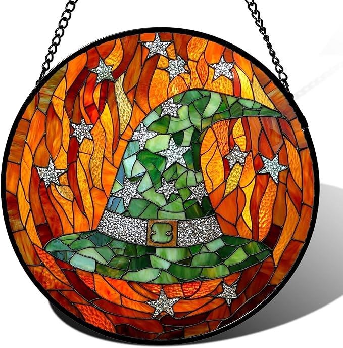 Stained Glass Window Hanging - Halloween Decorations Witch Hat Suncatcher for Doors Garden Indoor Spooky Funny Green Sun Catchers Gothic Decor Horror Gifts for Women Men Friend 6.3 in
