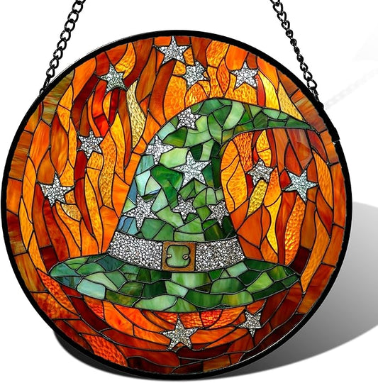 Stained Glass Window Hanging - Halloween Decorations Witch Hat Suncatcher for Doors Garden Indoor Spooky Funny Green Sun Catchers Gothic Decor Horror Gifts for Women Men Friend 15 in